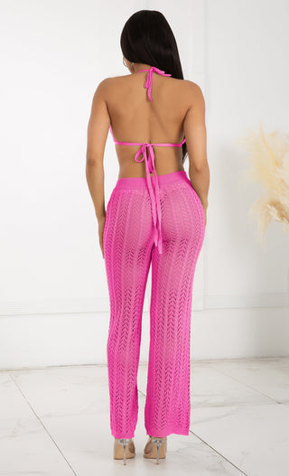 Bohemian Chic <span><br>Hot Pink High Waisted Crochet Knit Drawstring Sheer Flare Pants</span>