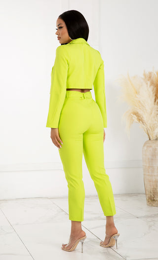 No Stress Neon Green Long Sleeve Crop Blazer Jacket High Waist Skinny Pant Two Piece Jumpsuit