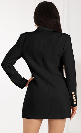 Touch Of Sass <br><span>Black Satin Lapel Double Breasted Button Long Sleeve Welt Pocket Blazer Mini Dress</span>