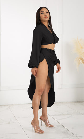 Tulum Nights Black Satin Long Sleeve Blouse Lantern V Neck Twist Crop Top Wrap Split Maxi Skirt Casual Two Piece Dress