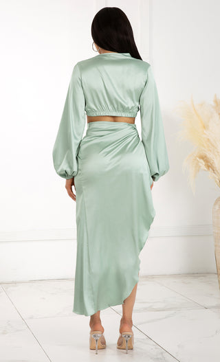 Tulum Nights Green Satin Long Sleeve Blouse Lantern V Neck Twist Crop Top Wrap Split Maxi Skirt Casual Two Piece Dress