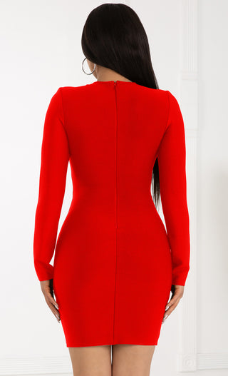 Tequila Cocktails Red Long Sleeve V Neck Mesh Rhinestone Cut Out Bandage Bodycon Mini Dress