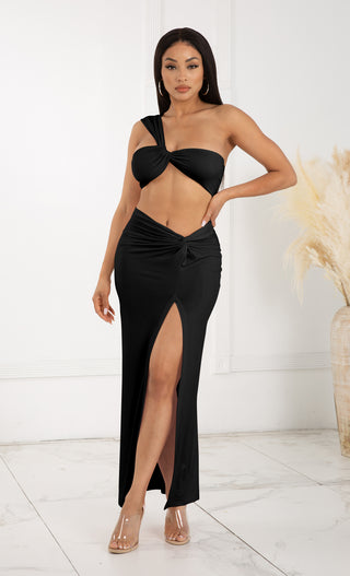Private Yacht Party Black Sleeveless One Shoulder Twist Crop Top Side Slit Bodycon Maxi Skirt Two Piece Dress