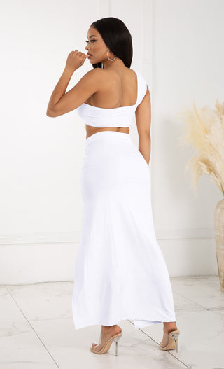 Private Yacht Party White Sleeveless One Shoulder Twist Crop Top Side Slit Bodycon Maxi Skirt Two Piece Dress