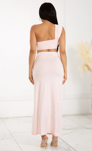 Private Yacht Party Light Pink Sleeveless One Shoulder Twist Crop Top Side Slit Bodycon Maxi Skirt Two Piece Dress