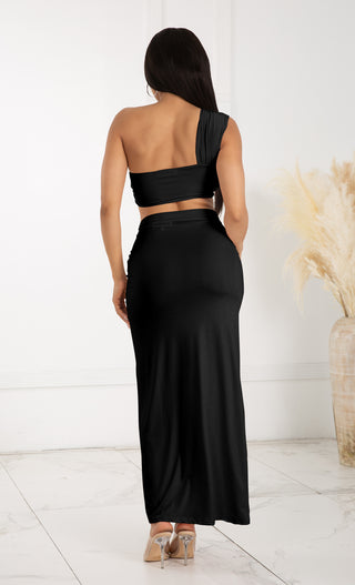 Private Yacht Party Black Sleeveless One Shoulder Twist Crop Top Side Slit Bodycon Maxi Skirt Two Piece Dress