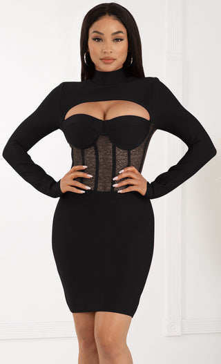Intoxicating Love Black Bustier Sheer Mesh Lace Cut Out Long Sleeve Mock Neck Bandage Bodycon Mini Dress