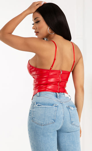 Hot Temps <br><span>Red Spaghetti Strap Faux Leather PU Sleeveless V Neck Pointy Hem Bustier Top</span>
