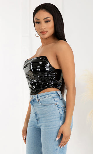 Tell Me How Black Pointy Strapless Vinyl PU Shiny Draped Ruched Bustier Corset Crop Top