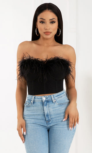 Play With Fire Black Bandage Stretch Strapless Feather Trim Bustier Crop Top