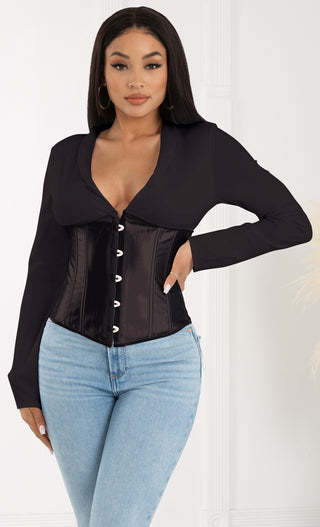 Got A Crush <br><span>White Waist Trainer Bustier Long Sleeve V Neck Hook and Eye Lace Up Top</span>