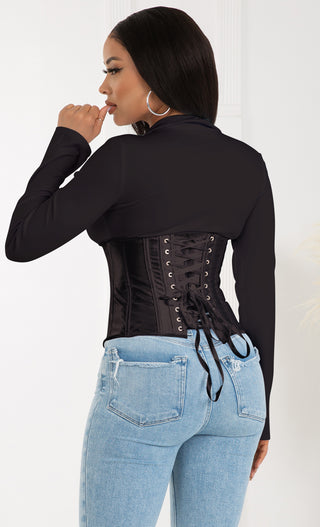 Got A Crush <br><span>White Waist Trainer Bustier Long Sleeve V Neck Hook and Eye Lace Up Top</span>