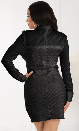 You'll Know My Name Black Tweed Long Sleeve Turn Back Cuff Button Front Collar Bodycon Mini Dress