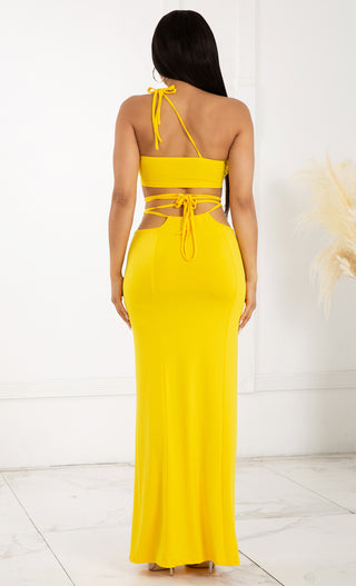 Love Myself Unconditionally Yellow Two Piece One Shoulder Casual Lace Up Wrap Cut Out Slit Front Maxi Dress