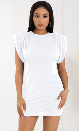 With Or Without You White Muscle Statement Shoulder Pad Ruched Sleeveless Bodycon Tee Shirt Mini Dress