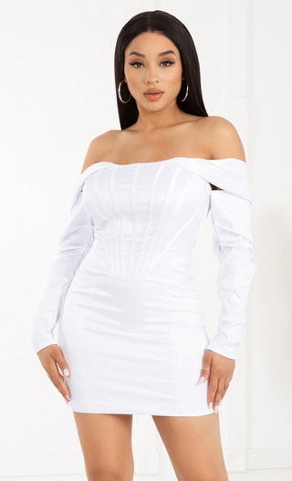 On Your Behalf White Long Sleeve Draped Off The Shoulder Bandage Bodycon Mini Dress
