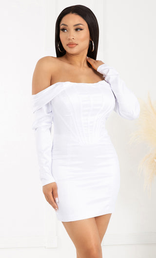 On Your Behalf White Long Sleeve Draped Off The Shoulder Bandage Bodycon Mini Dress