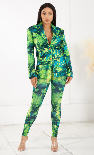 No More Questions <br><span>Green Tropical Leaf Pattern Long Sleeve Button Blazer Jacket Skinny Pant Two Piece Jumpsuit Set</span
