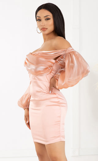 Missed Me Blush Pink Satin Organza Overlay Off The Shoulder Strapless Long Puff Lantern Sleeve Bodycon Mini Dress