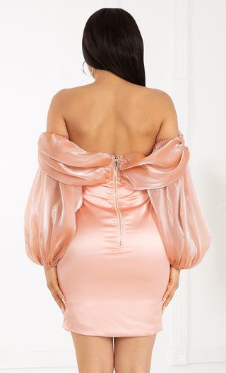 Missed Me Blush Pink Satin Organza Overlay Off The Shoulder Strapless Long Puff Lantern Sleeve Bodycon Mini Dress