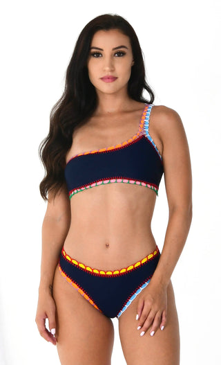 Hawaiian Spirit <br><span>Pink Sleeveless One Shoulder Crochet Elastic Two Piece Bikini Swimsuit</span>