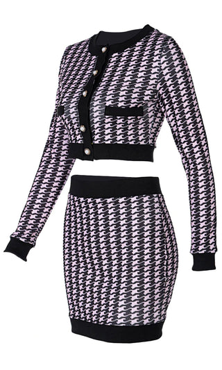 Pretty In Paris Pink Black Houndstooth Geometric Pattern Long Sleeve Round Neck Button Crop Cardigan Bodycon Mini Two Piece Dress