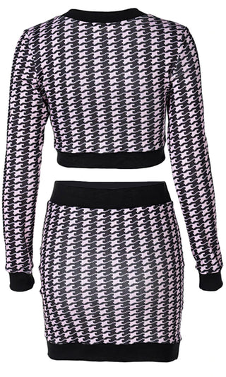 Pretty In Paris Pink Black Houndstooth Geometric Pattern Long Sleeve Round Neck Button Crop Cardigan Bodycon Mini Two Piece Dress