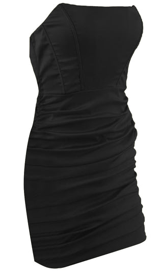 Find Your Light<br><span> Black Satin Strapless Ruched Bodycon Mini Dress</span>