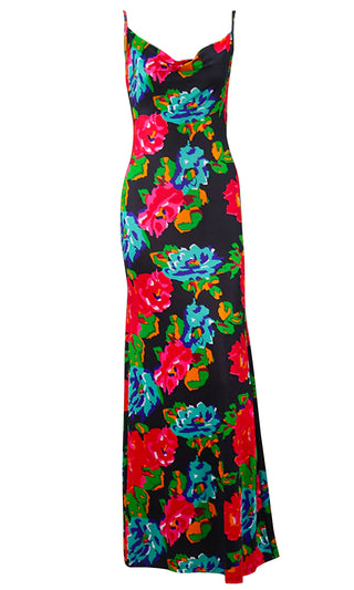 Total Mystery Black Red Floral Pattern Sleeveless Spaghetti Strap Drape Cowl Neck Maxi Dress