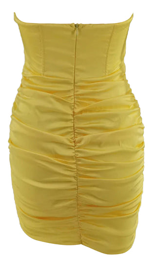 Find Your Light<br><span> Yellow Satin Strapless Ruched Bodycon Mini Dress</span>