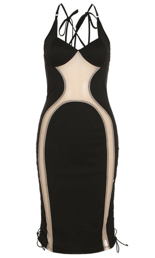 It's An Illusion <br><span>Black Nude Sheer Mesh Sleeveless Spaghetti Strap Halter V Neck Bodycon Bandage Mini Dress</span>