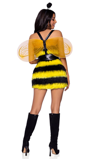 Buzz Worthy<br><span> Yellow Black Stripe Pattern Faux Fur Sleeveless Spaghetti Strap Square Neck Wing Mini Dress Three Piece Halloween Costume Set</span>