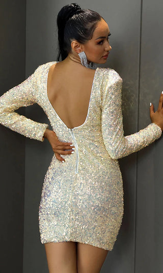 Ice Queen White Yellow Gold Padded Shoulder Sequin Long Sleeve Scoop Neck Backless Open Back Bodycon Mini Dress