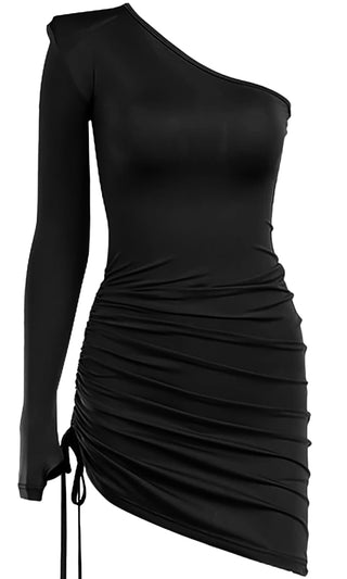 Full Of Energy Long Sleeve One Shoulder Drawstring Ruched Asymmetric Bodycon Mini Dress