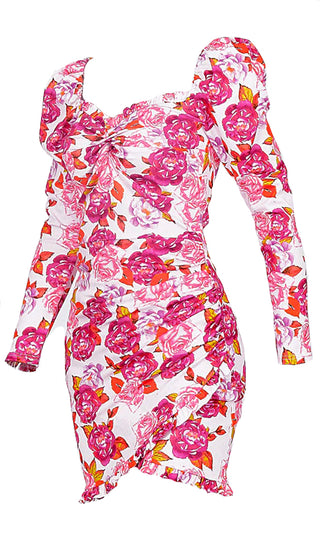 Kiss Me Twice White Pink Rose Floral Pattern Long Sleeve Ruffle Puff Shoulder V Neck Bodycon Mini Dress