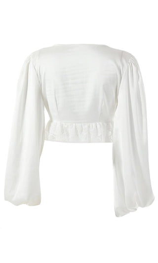 Come Fly With Me White Long Lantern Sleeve Lace Trim V Neck Button Crop Top Blouse - 2 Colors Available