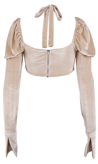 In The Nude Apricot Velour Long Sleeve Puffed Shoulder Scoop Neck Halter Strap Crop Top