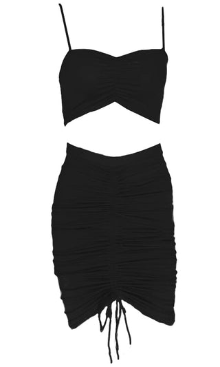 Double Or Nothing Black Sleeveless Spaghetti Strap Crop Top Ruched Bodycon Two Piece Midi Dress