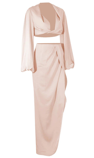 Tulum Nights Light Pink Satin Long Sleeve Blouse Lantern V Neck Twist Crop Top Wrap Split Maxi Skirt Casual Two Piece Dress