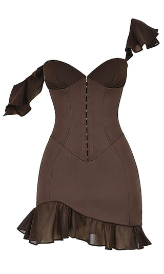 Flirty Side <span><br>Brown Sleeveless Ruffle Strap V Neck Hook and Eye Bustier Bodycon Mini Dress</span>