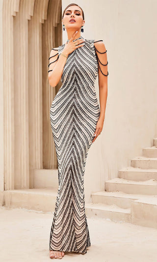 Art Deco Angel <br><span>Black Sequin Geometric Pattern Sleeveless Mock Neck Draped Chains Fishtail Mermaid Maxi Dress </span>