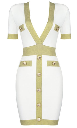 Know Better <bR><span>White Button Short Sleeve Plunge V Neck Bandage Bodycon Mini Dress</span>