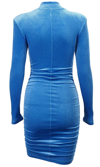 Going For Everything Blue Long Sleeve Ruched Turtleneck Shoulder Pad Bodycon Mini Dress