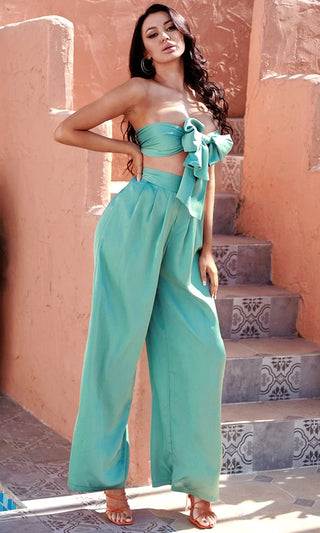 Moonlit Summer Teal Satin Sleeveless Multiway Bandeau Cross Wrap Tie Back Crop Top High Waisted Wide Leg Pant Two Piece Jumpsuit