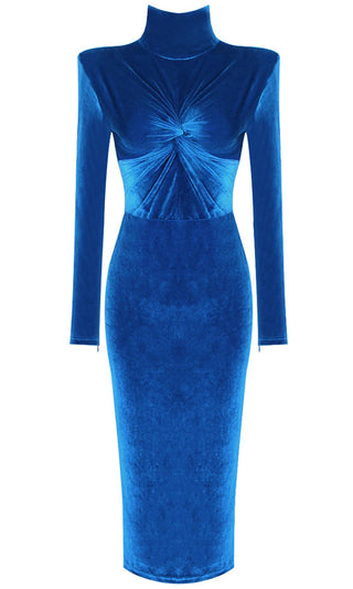In Control <br><span>Royal Blue Velvet Long Sleeve Mock Neck Twist Knot Bodycon Maxi Dress</span>