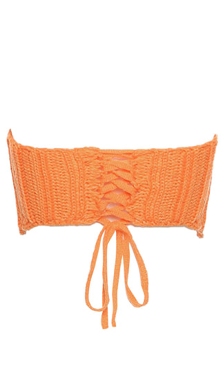 Short Notice Orange Stretchy Ribbed Triangle V Hem Strapless Lace Up Back Crop Top