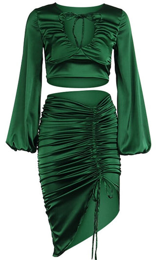 Envy Me Emerald Green Long Lantern Sleeve Plunge V Neck Crop Top Ruched Drawstring Bodycon Midi Skirt Two Piece Dress