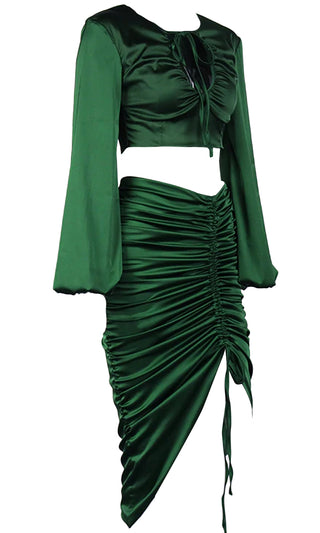 Envy Me Emerald Green Long Lantern Sleeve Plunge V Neck Crop Top Ruched Drawstring Bodycon Midi Skirt Two Piece Dress