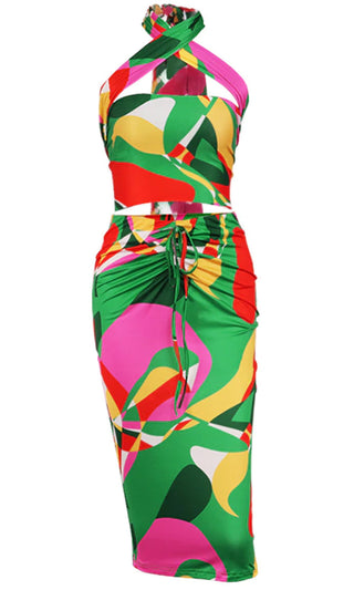 I Deserve Everything Red Geometric Pattern Multi Way Convertible Crop Top Ruched Drawstring Bodycon Midi Skirt Two Piece Dress