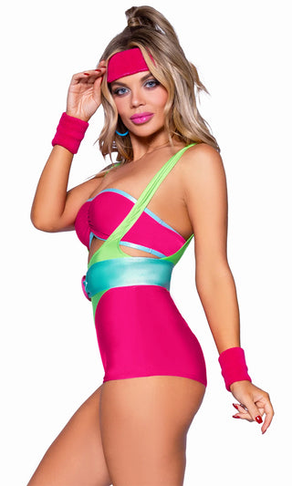 Getting Physical<br><span> Fuchsia Pink Green Sleeveless Suspender Bodycon Romper Bandeau Five Piece Halloween Costume Set</span>